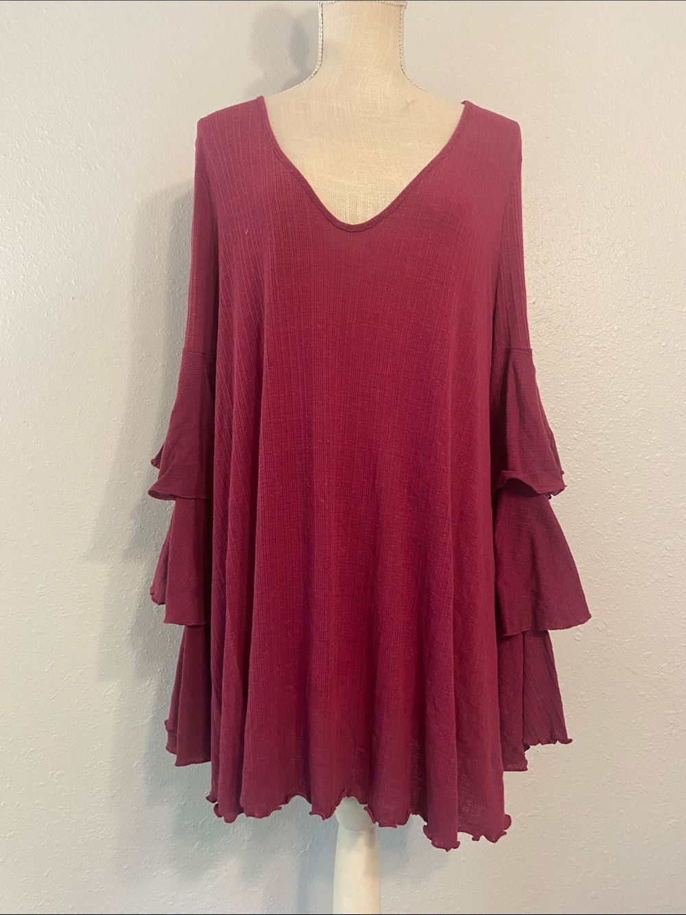 Free People Beach Burgundy Ruffled Long Sleeve Mini Dress Size Medium